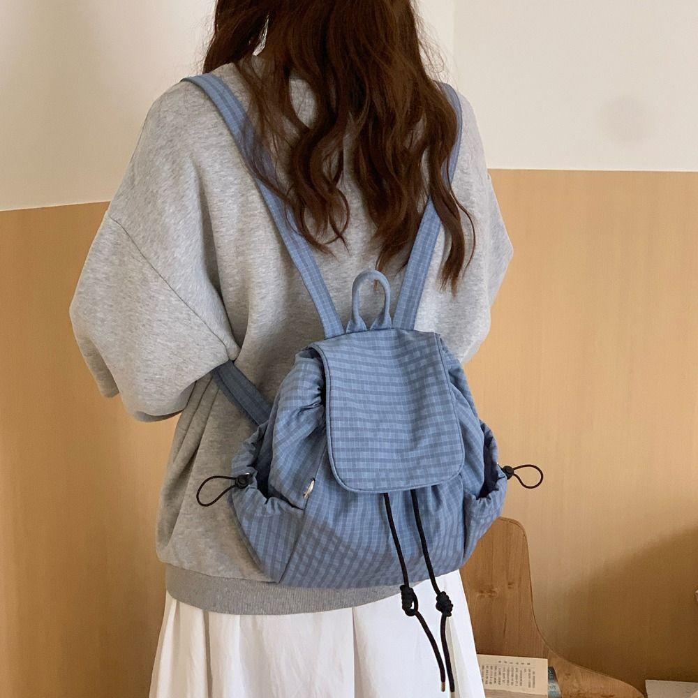 Korean Drawstring Backpacks Solid Color Student Schoolbag Stylish Plaid Nylon Backpacks  Men Women