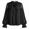 Solid Color Lace Splicing Tops Shirt Lantern Sleeves Blouse Fashion V Neck Sheath Tees  Daily Wear