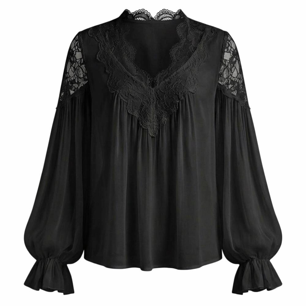 Solid Color Lace Splicing Tops Shirt Lantern Sleeves Blouse Fashion V Neck Sheath Tees  Daily Wear