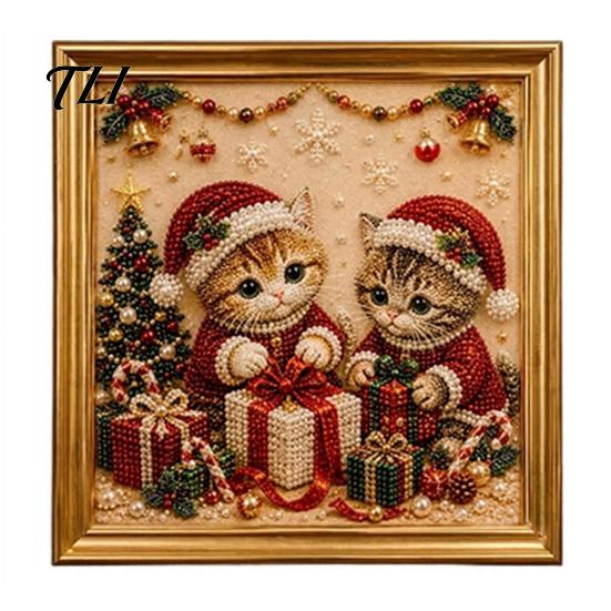 Creative Hobby for Women Christmas Cat Faux Pearl Art Kit with Frame, Kitty Painting DIY Beginners Kit, 3D Bead Wall Craft Adults, Handmade