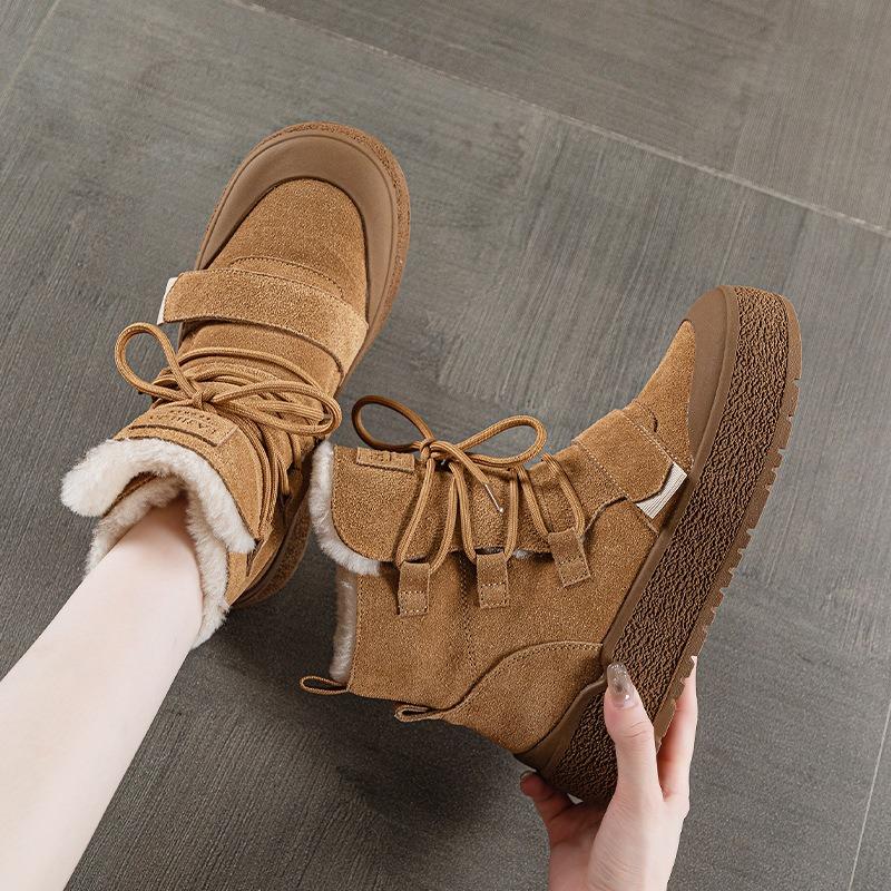 Leather real wool snow boots women's autumn and winter new cow suede thick hair heightening lace-up casual short boots women