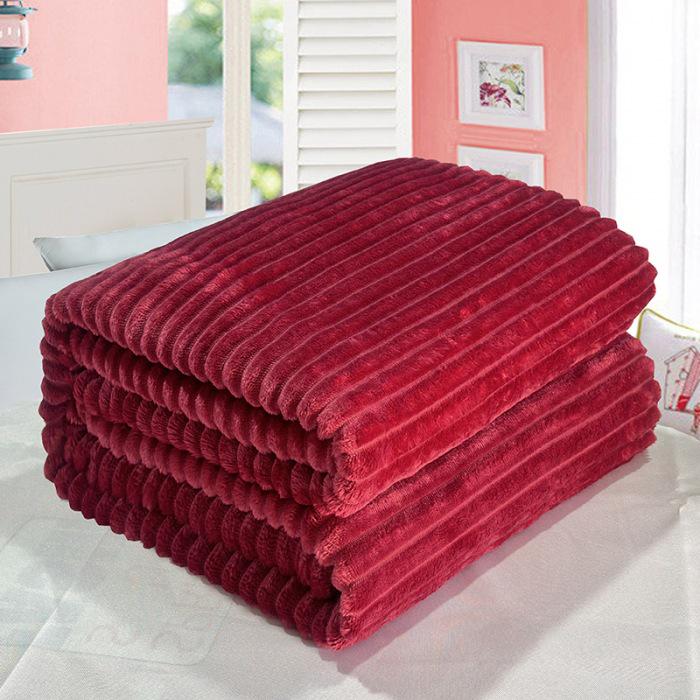 Thickened Flannel Striped Velvet Blanket, Plain Color Coral Fleece