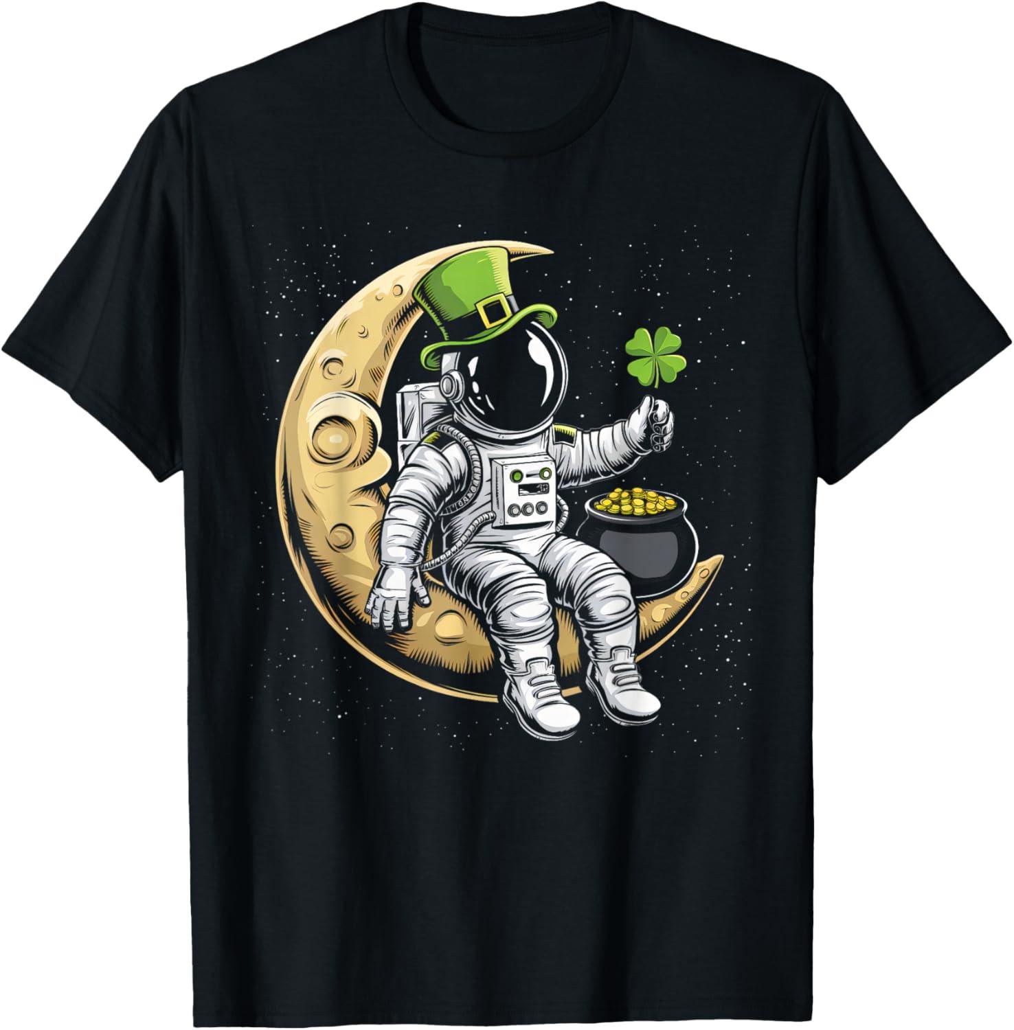 Cute Leprechaun Astronaut in Moon Space Saint Patricks Day T Shirt XXXXL