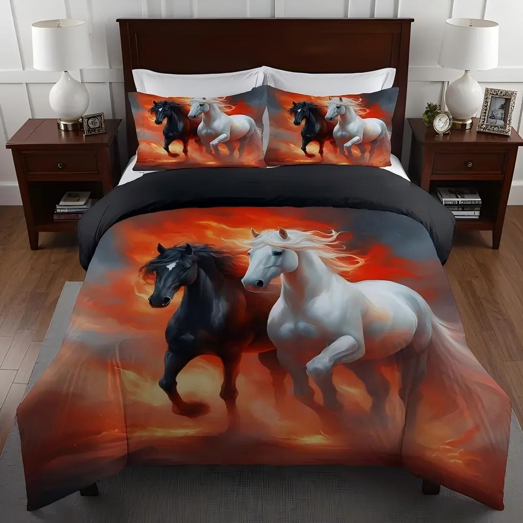 Red Flame Run Horse Pattern Printed Duvet Cover Soft Comfortable Oil Paint Style Bed Set Wildlife Theme Quilt Cover Pillowcases