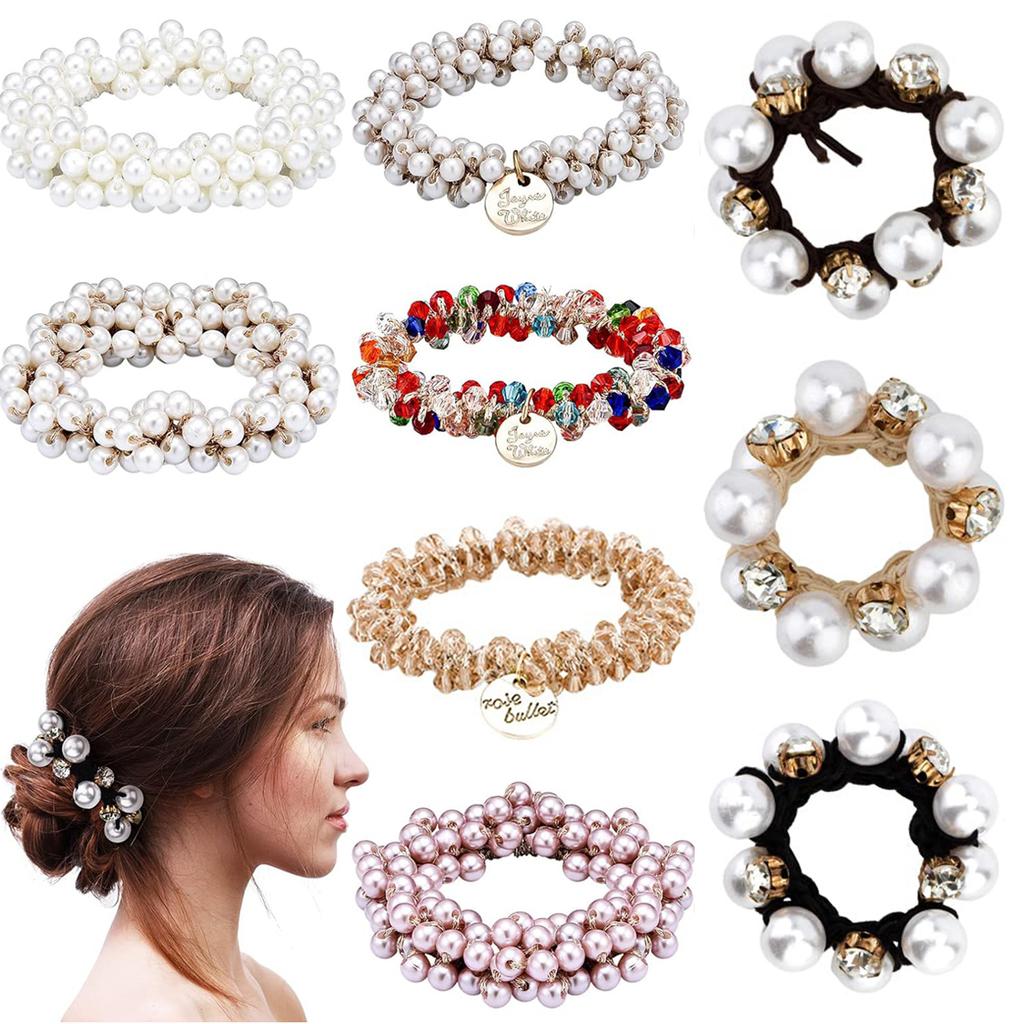 9Pcs Pearl Hair Ties Elastic Hair Scrunchies Hold Crystal Beads Bulk Hair Ropes Stretchy Handmade Boho Bride Bachelorette Party