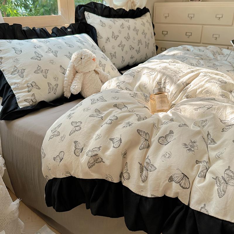 Bonenjoy Queen Size Duvet Cover Sets with Black Ruffles King Size Bed Cover Sets Reactive Printed Bedding Set Single Bed Linens