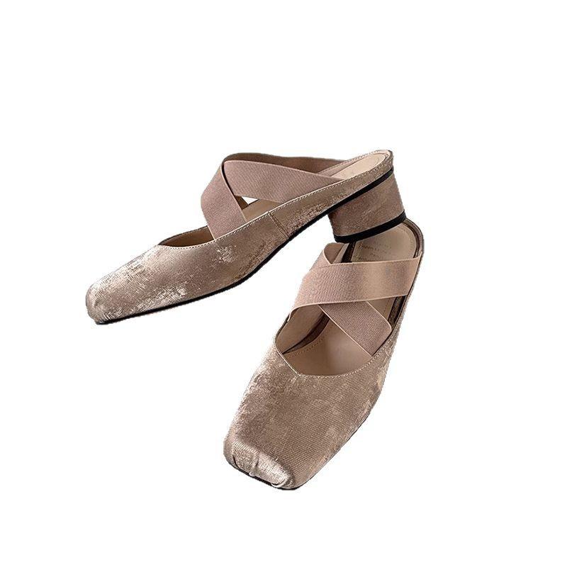 French bag head half slippers women's 2025 new summer square head ballet cross strap medium heel thick heel outer sandals