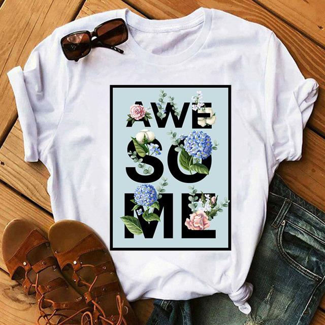 Fashion Women T Shirt Flower Printed T Shirt Casual Black Tops 90s Ladies Girl Tee Shirt Female Harajuku Graphic T -Shirt