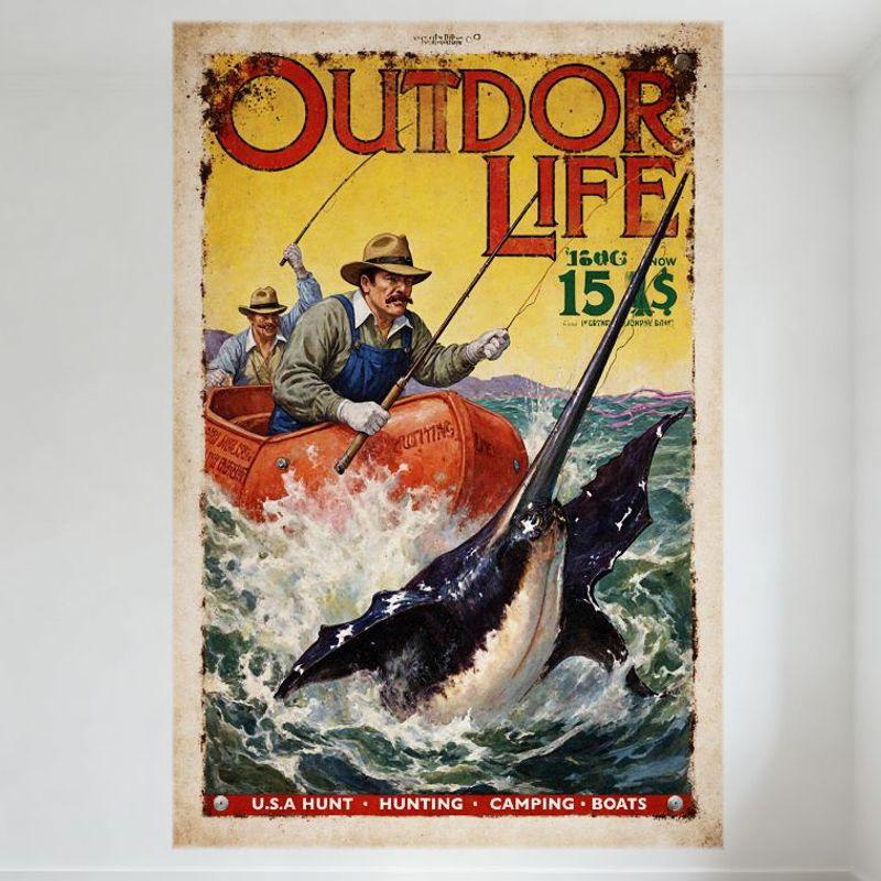 

Vintage Outdoor Life Magazine Cover Metal Tin Sign Fishing Scene Marlin Hunt Hunting Camping Boats Wall Decor for Bar Pub Home O 20x30cm（7.8x11.8inch）