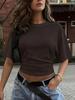Popular Summer Shrinkage Pleated Solid Color Round Neck Waist Thin Women's Short Sleeves