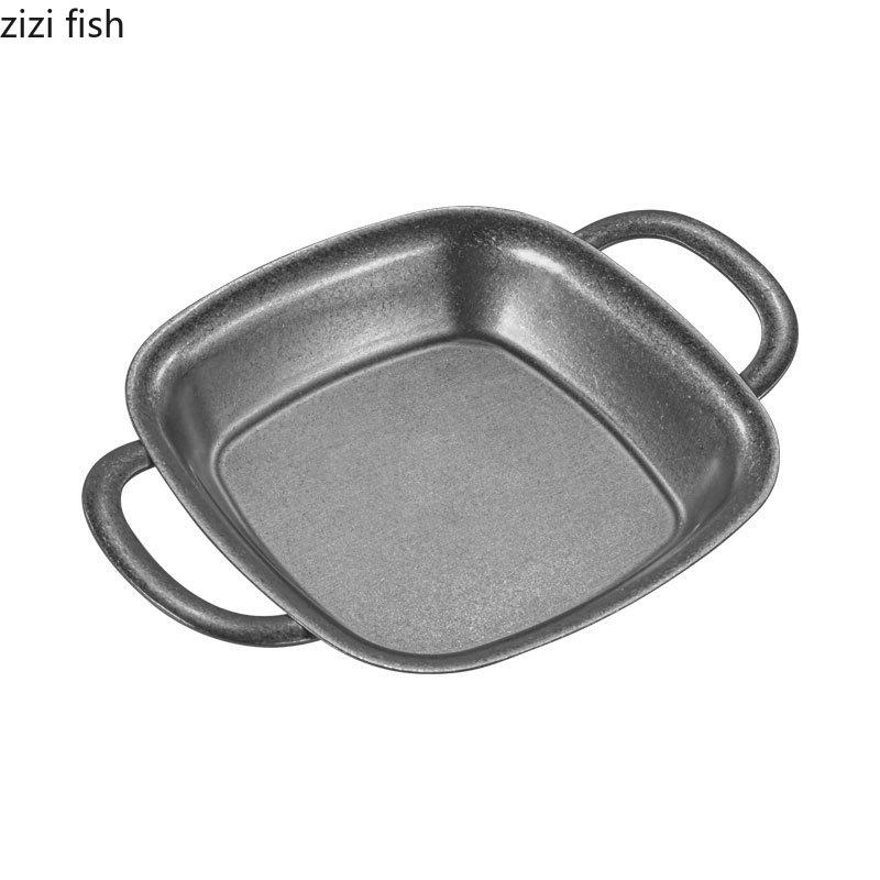 Vintage Stainless Steel Dining Plate Double Eared Square Plate Fruit Plates Salad Bowl Snack Tray Dessert Plates Candy Dish