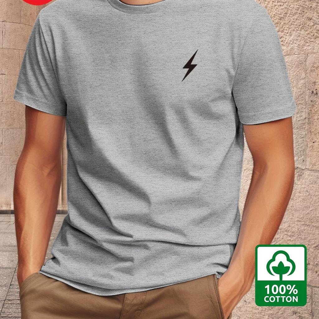 Men's summer 100% pure cotton fashionable casual loose lightning pattern printed round neck short sleeved T-shirt top