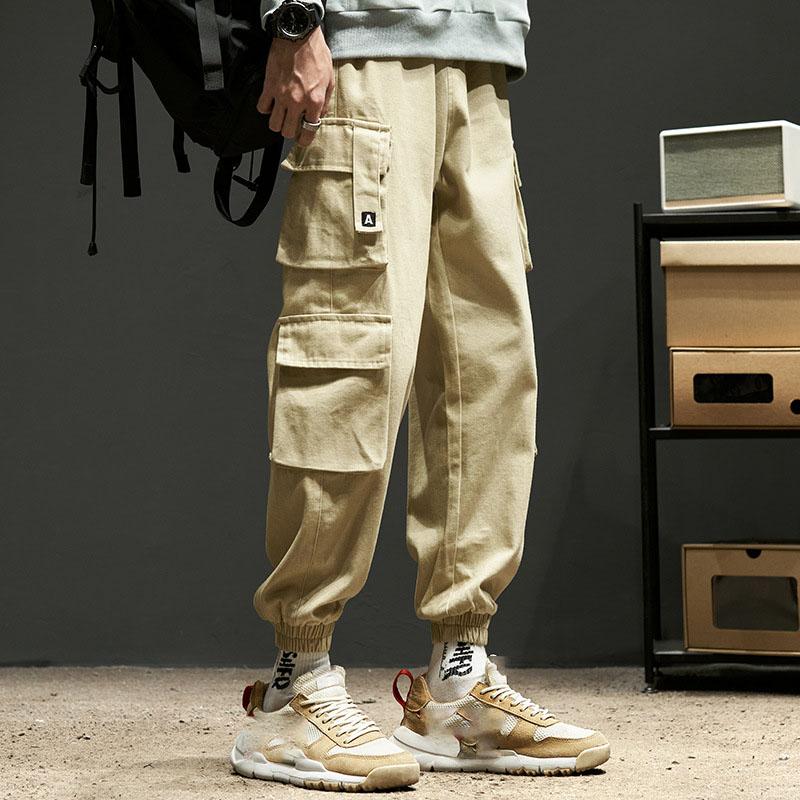 Spring and Autumn Men's Casual Pants with Multiple Pockets and Cuffs