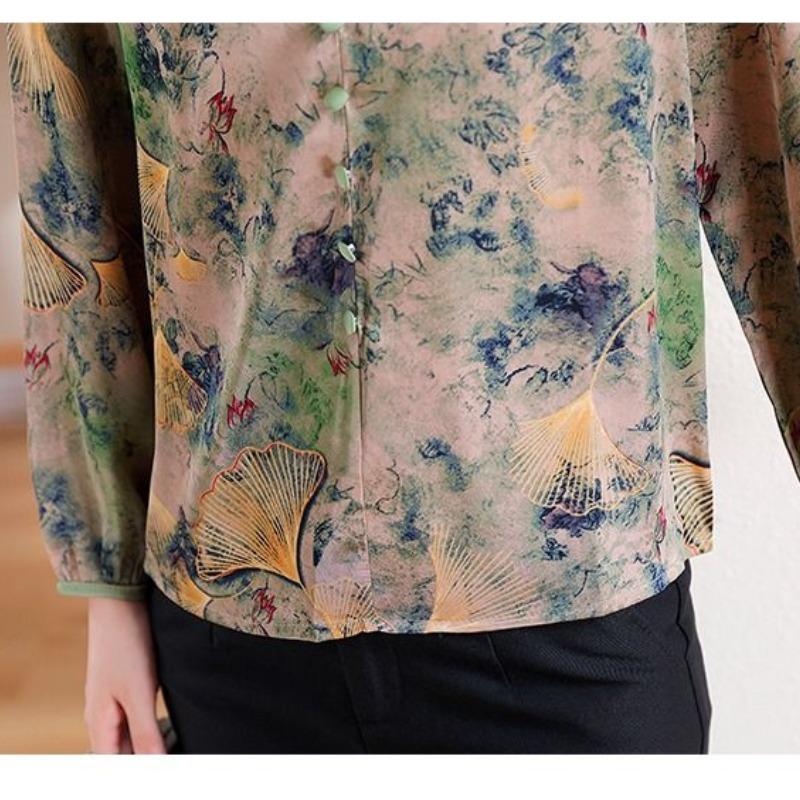 Lotus Collar Print for Spring and Autumn 2024 New Fashionable Women's Patchwork Buttons for Casual Long Sleeved Chiffon Shirt
