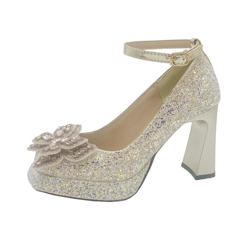 French crystal sequined silver high heels women's new bow bridal wedding dress Xiuhe wedding shoes