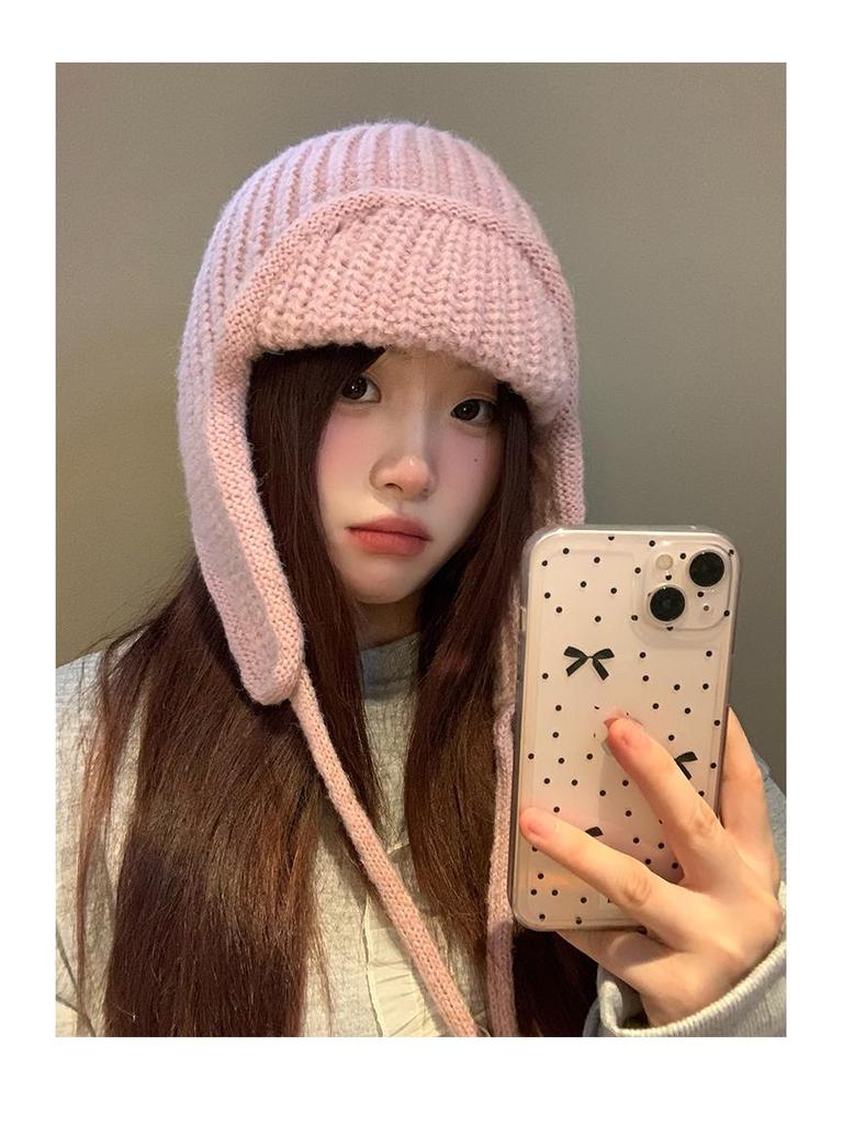 Korean-Style Photogenic Pink Knitted Wool Hat: Women's Warm, Ear-Protecting, Versatile Ski Hat for Autumn/Winter
