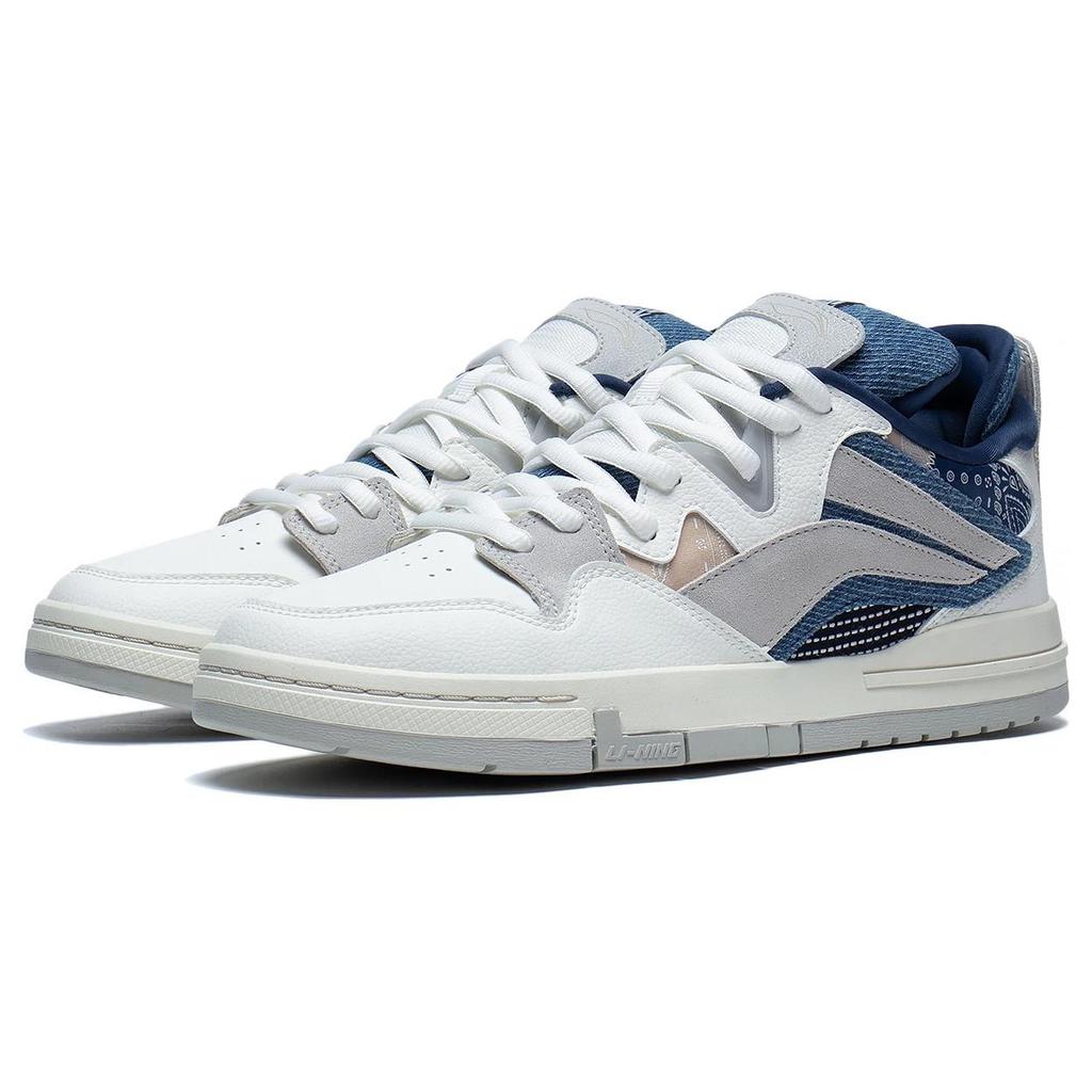 Li Ning Wave PRO Synthetic Leather Slip Resistant Abrasion Resistant Low Top Skateboard Shoes Men's White Gray Blue AECT009-3