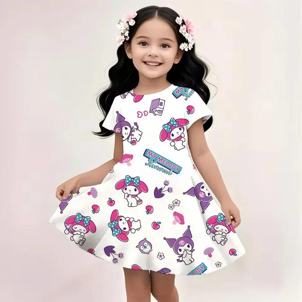 Sanrio Summer Dress Fashion Cartoon Cute Cinnamoroll Hello Kitty 3D Printing Dress Kid Short Sleeve Princess Clothing Kuromi