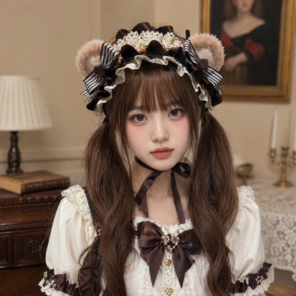 Sweet Lolita Hair Hoop Lace Bow KC Girl Hair Accessory Bear Ear Cookies Headband  Hair Styling
