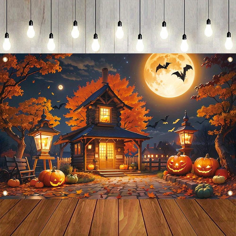 Halloween decoration banner, polyester, with a spooky pumpkin lantern background beneath a full moon 130x150cm