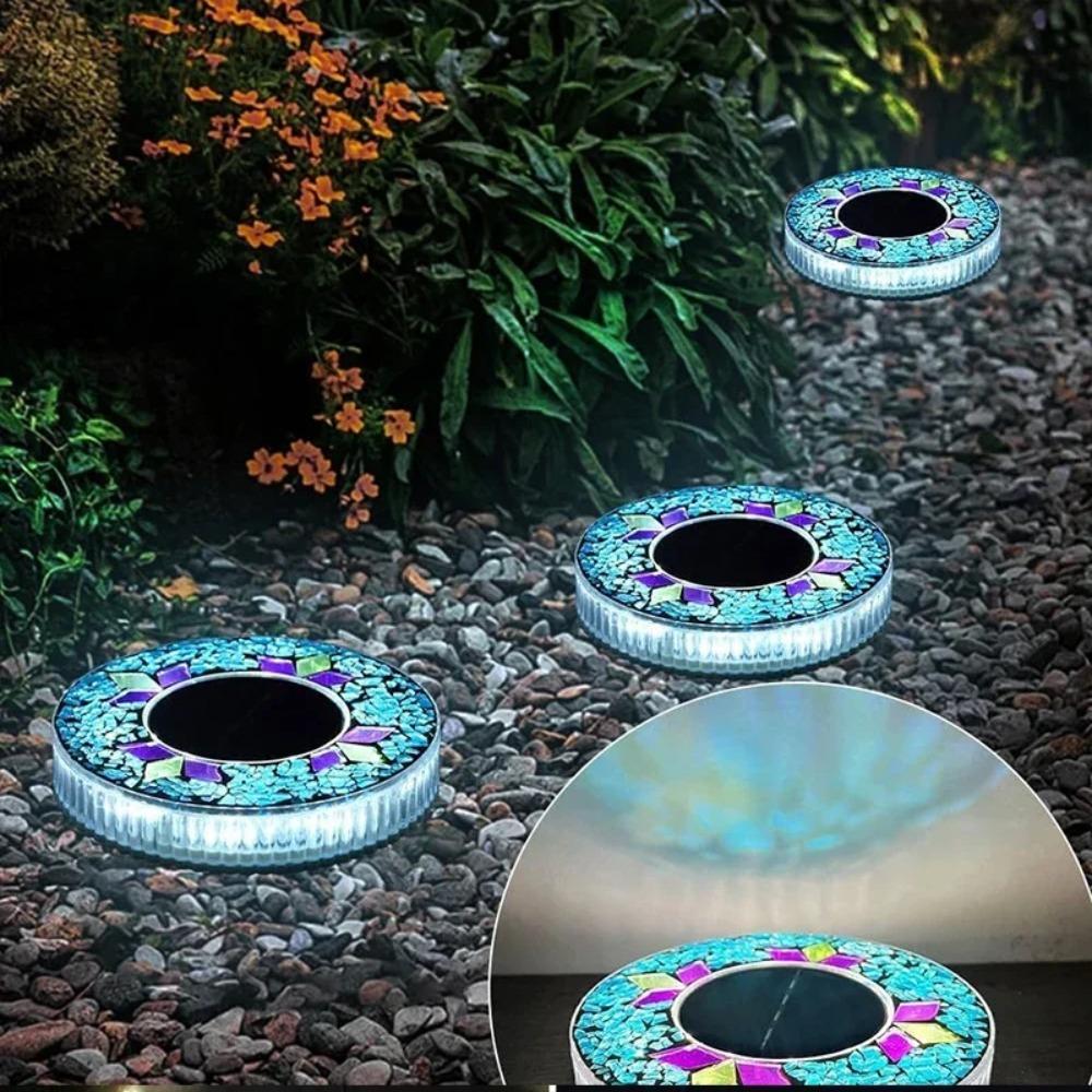 Luce Solare a Disco Mosaico, Illuminazione da Giardino Impermeabile in Vetro, Luci LED Decorative Colorate per Sentieri dal Tramonto all'Alba