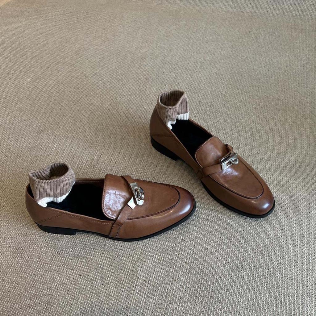 Sheepskin version~ Genuine leather retro horseback buckle loafers women's flat single shoes lazy people pedal British style small leather shoes