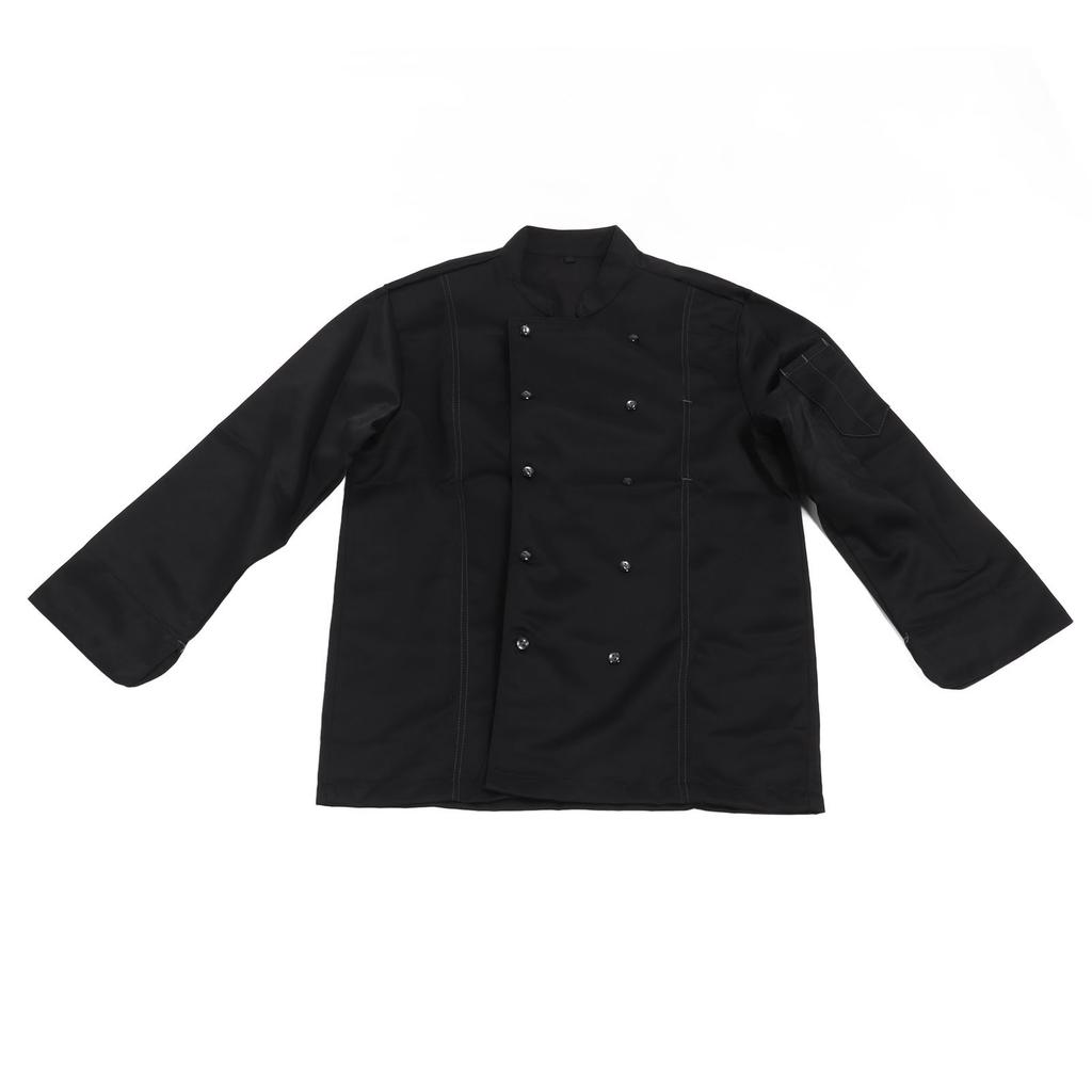 Long Sleeve Stand Collar Chef Coat Men Women Kitchen Button Up Chef Uniform Jacket for Restaurant Black M