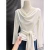 Women's French Swing Tie-Waist Long-Sleeve T-Shirt - Autumn 2026 New Arrival, High-End Slim-Fit Base Layer