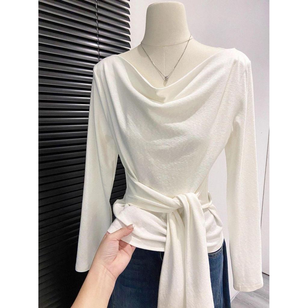 Women's French Swing Tie-Waist Long-Sleeve T-Shirt - Autumn 2026 New Arrival, High-End Slim-Fit Base Layer