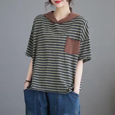 Hooded Striped Pure Cotton Short Sleeve T-shirt for Women Summer Loose Casual T Shirts Top