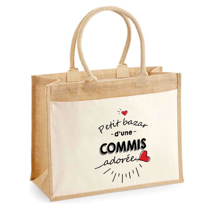 Sac de plage - PLANETEE - Jute avec poche Bazar d'une Commis adorée - Coton - Beige - 43 x 33 cm