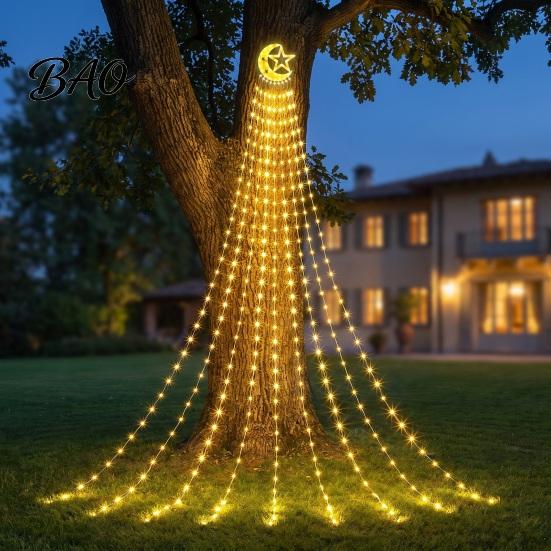 Durable Waterproof LED Strips Solar Christmas Tree Waterfall Light, 11.5FT 346 Powered String Light Hanging Lights with Star Moon Topper for