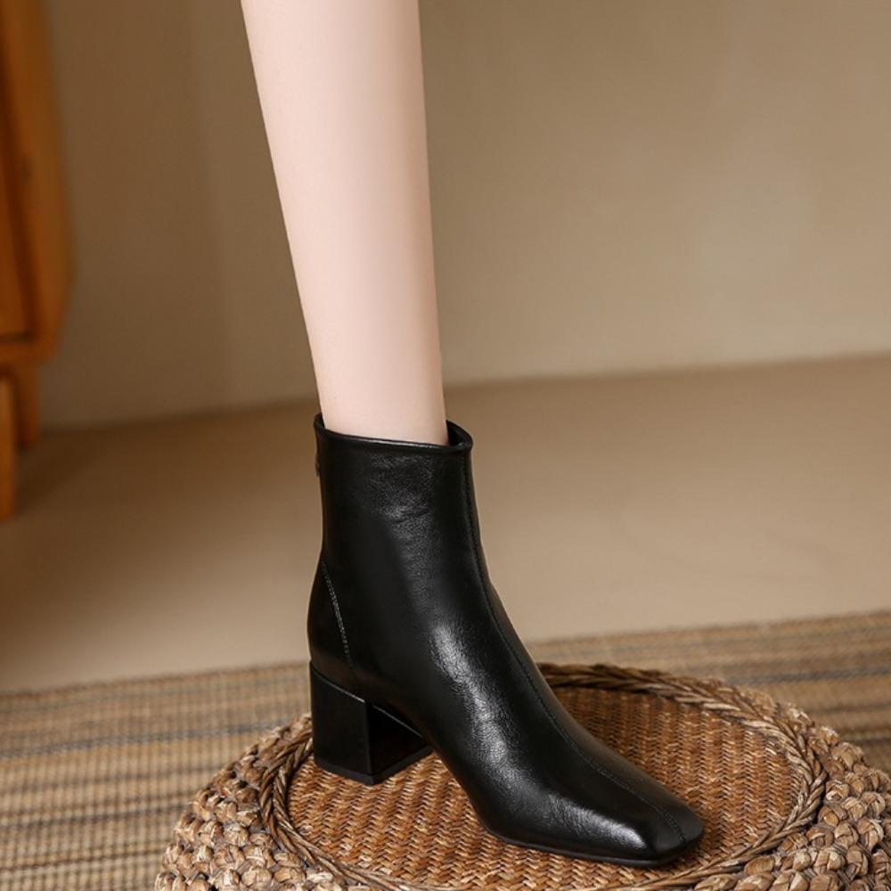 Woman Boots Square Head Short Boots Autumn 2026 Autumn and Winter New Leather Thick Heel Women's Boots