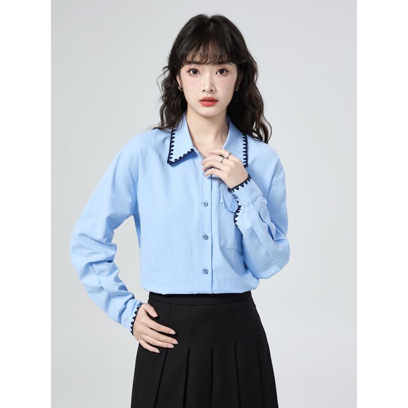 Elegant Blue Polo Collar Slimming Women's Long-Sleeve Shirt - 2026 Early Spring Arrival