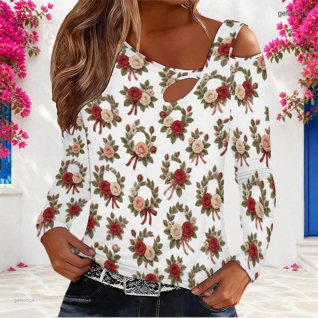 Women Plus Size White Floral Printed Asymmetric Cutout Cold Shoulder Long Sleeve Fitted Blouse