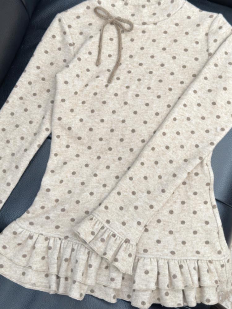 260g Brushed Cashmere Women's Slim Fit Polka Dot Bow Long Sleeve Embroidered Base Layer T-Shirt