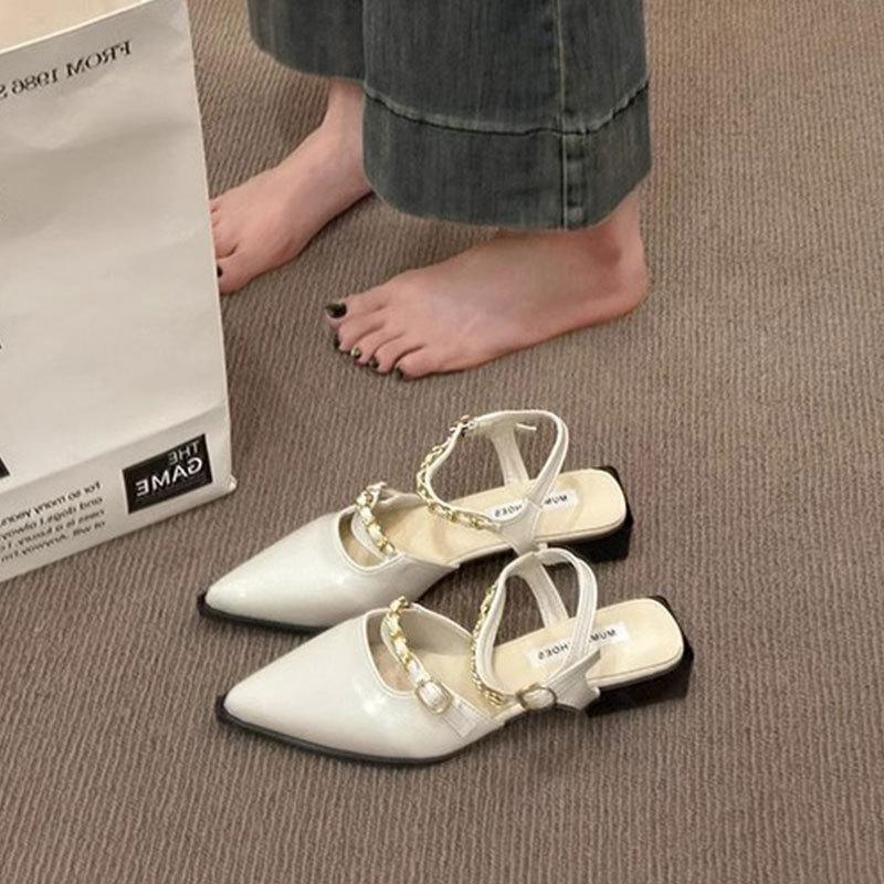Beautiful pointed head low heel bag head sandals women's 2025 new summer with skirt high heels thick heel Mary Jane single shoes