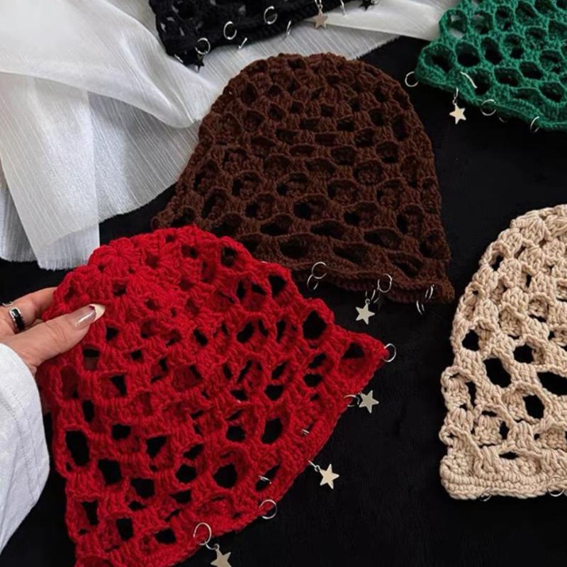 Women Crochet Hollow Star Knitted Summer Beanie Cap Stretchy Breathable Casual Head Cap for Gift Giving