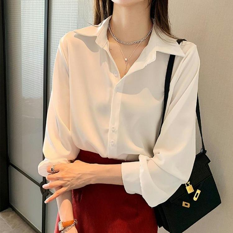 Women s Korean Style Loose White Chiffon Shirt Long Sleeve Layered Top Spring Autumn Base Clothes S