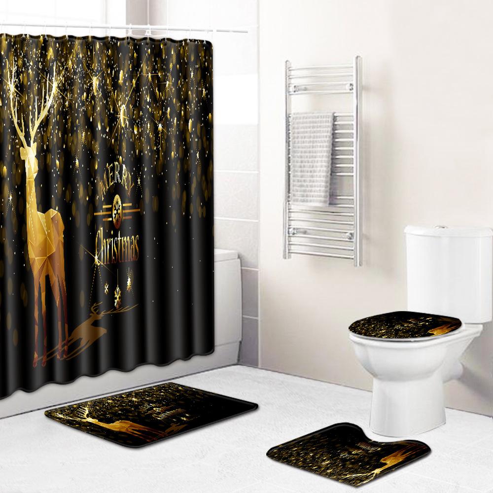 Christmas Elements Bathroom Shower Curtain Floor Mat Toilet Cover Foot Mat Four-Piece Set