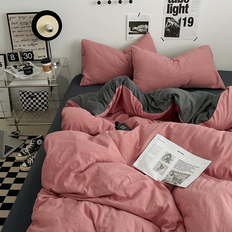 Bed Sheet Quilt Cover Nude Sleeping Pure Cotton Four-piece Set Washed Cotton Soft Bed Sheet Quilt Cover Solid Color Bedding