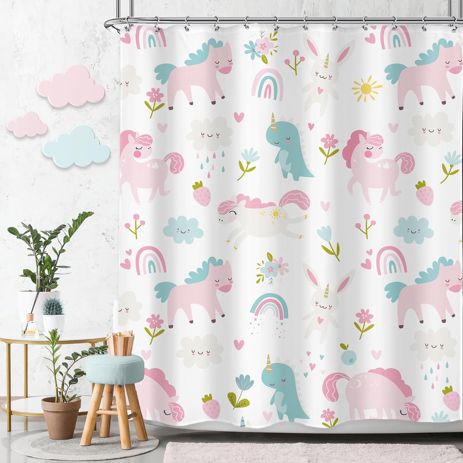 

Kids Girls Purple Rainbow Shower Curtain Boho Rainbow Lavender Polka Dots Cartoon Cute Princess Vintage Preppy Girly Bathroom 90x180CM