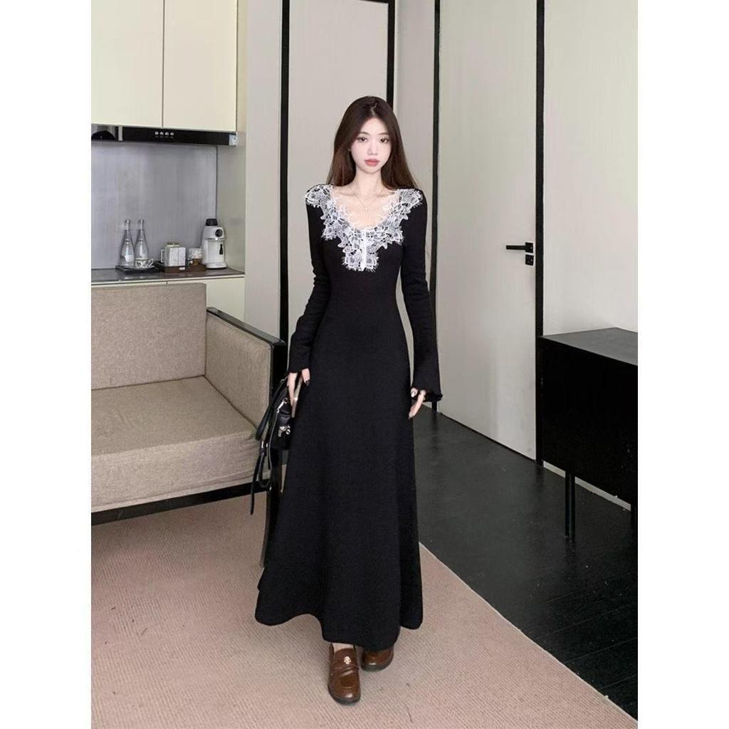French small fragrance Hepburn style black v-neck dress children's early autumn wear new high-end inner long dress