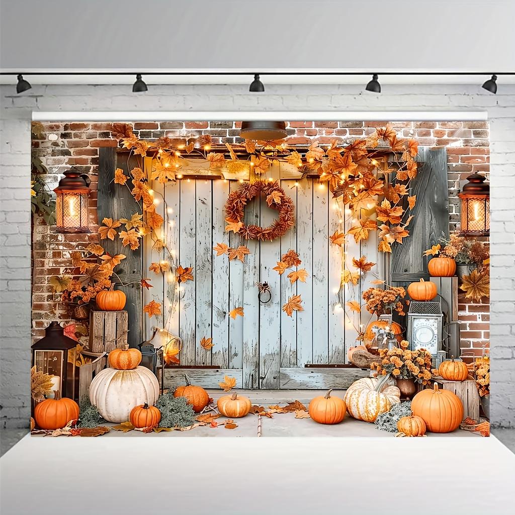 One Autumn Harvest Polyester Background, Autumn Thanksgiving Pumpkin and Maple Leaf Barn Door Scene, Multi-purpose Banner