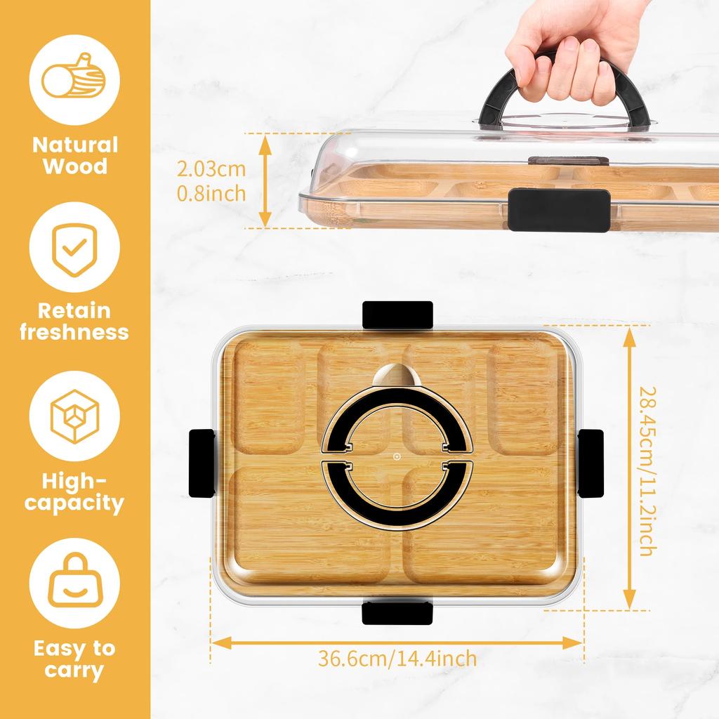 Bamboo Cheese Platter with Transparent Lid Biscuit Snacks Fruit Serving Tray Divided Charcuterie Board for Party Camping Picnic