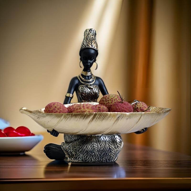 African Girl Holding A Plate Sculpture, Home And Office Decorative Storage Ornament, Vintage Collectible Craft Deskt Decor
