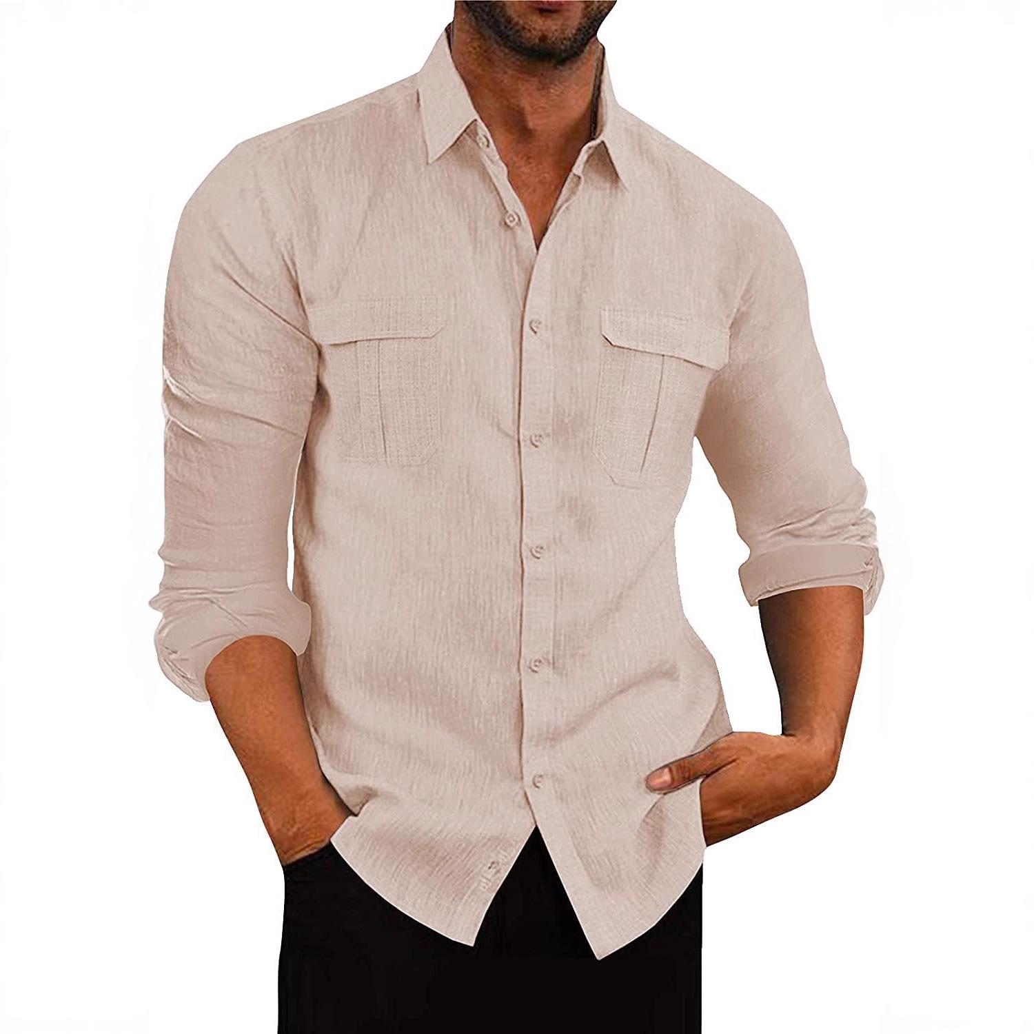 

Men s Cotton Linen Shirt Single Breasted Double Pocket Tops Turn-down Collar Long Sleeve Casual Breathable Stylish Shirts 3XL бежевий