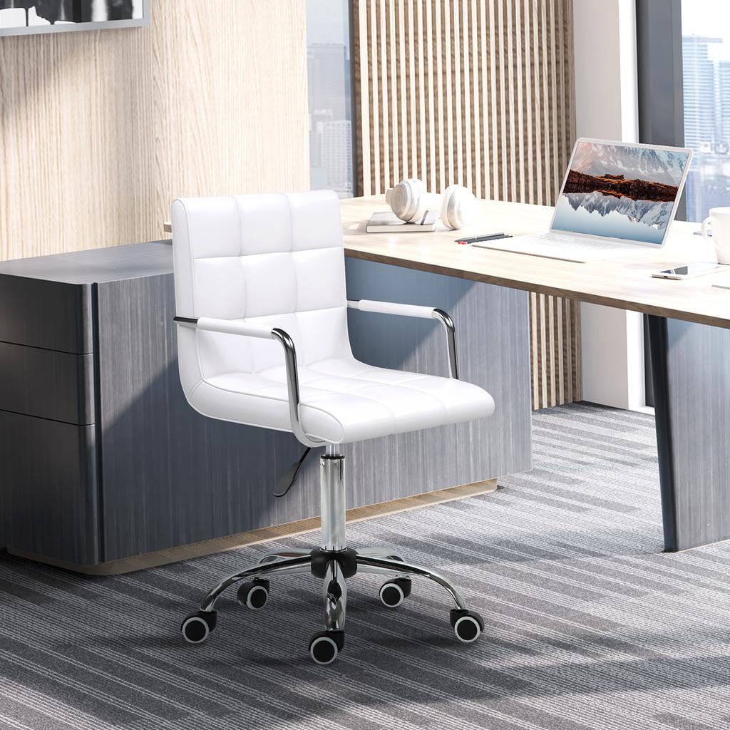Makeup Vanity Chair, PU Leather Mid Back Office Chair with Adjustable Height, Armrest and Rolling Wheels, White