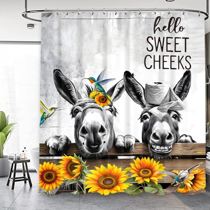 Farmhouse Donkey Shower Curtain 60Wx72L Inch Funny Country Sunflower Animal Black White Gray Hello Sweet Cheeks Birds Rustic Yel