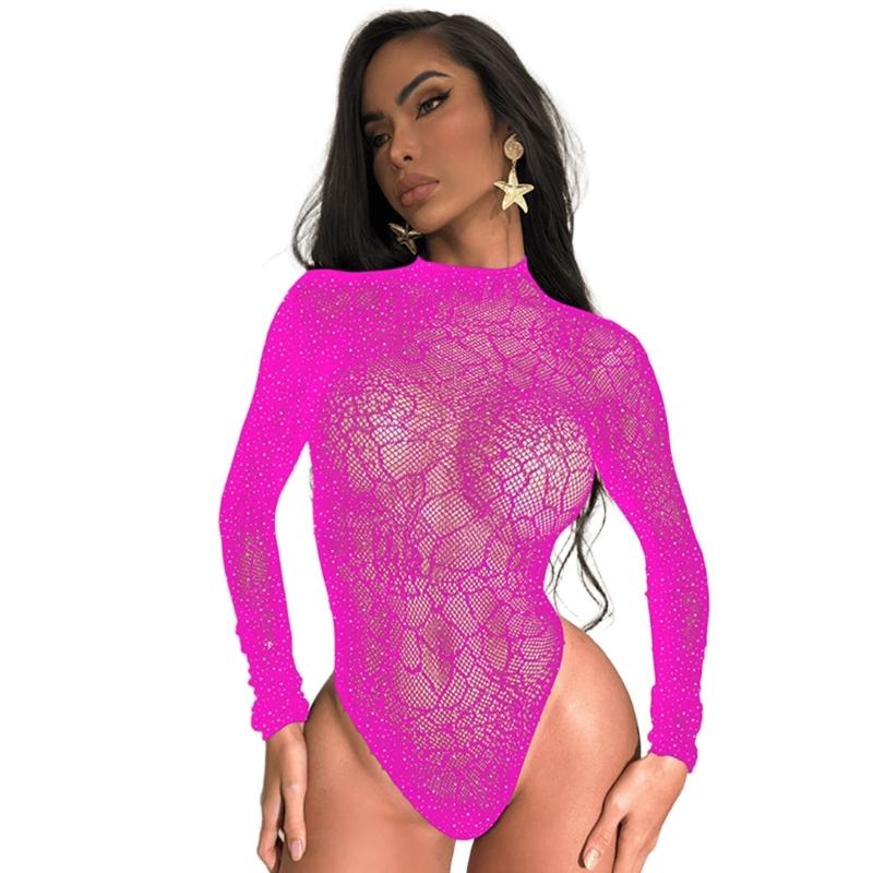Women Sparkles Rhinestones Teddies Lingerie Long Sleeve Fishnet Bodysuit Top One Pieced Sheer Mesh Lingerie Rave Outfit